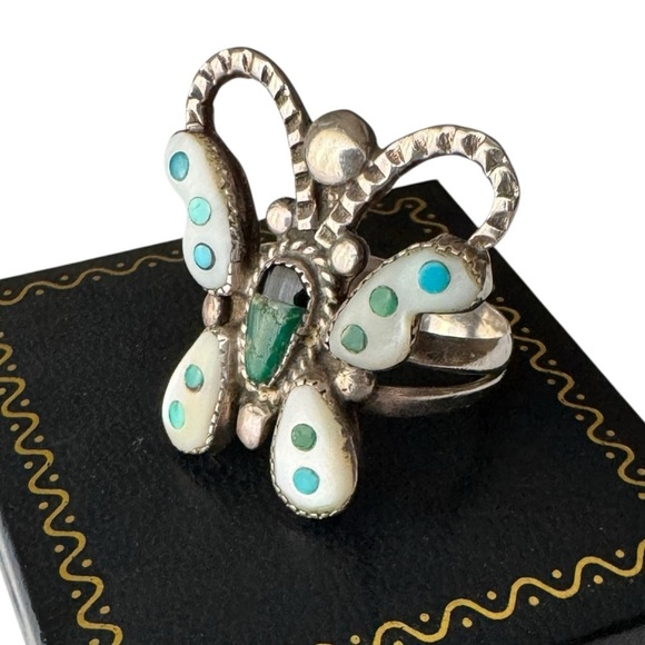 Native American Sterling Silver Butterfly Ring Size 7 Turquoise Mother of Pearl - Picture 1 of 8